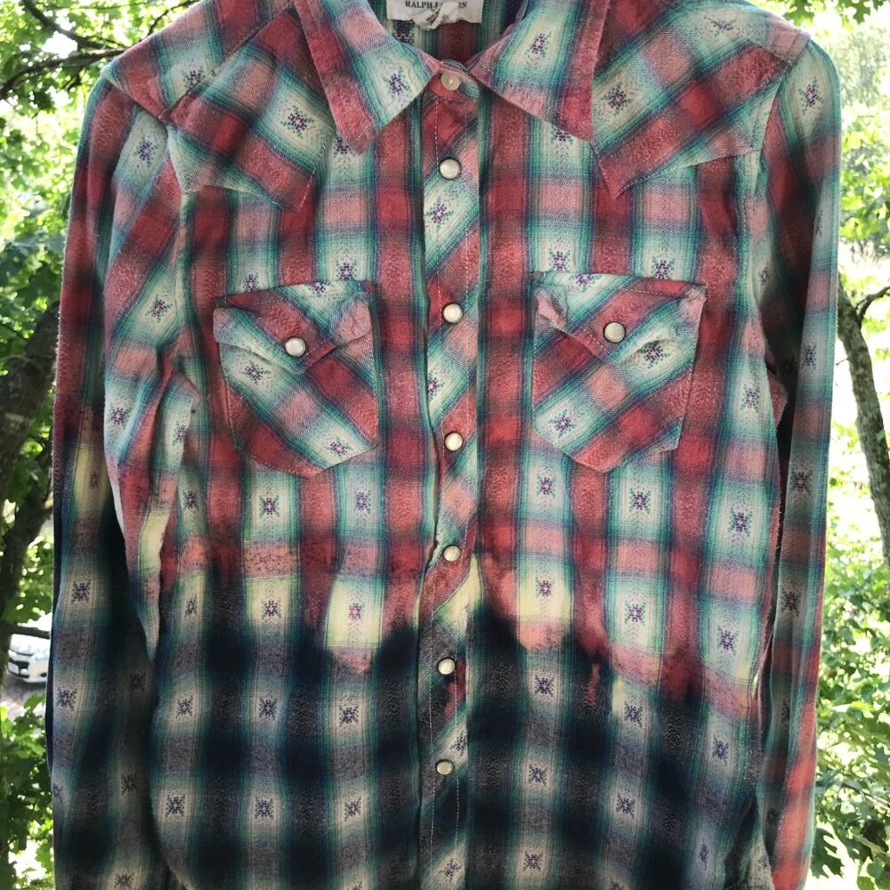 Ombre Bleached Flannel Shirt Upcycled Painted Sweater Weather Size Small - Picture 11 of 13
